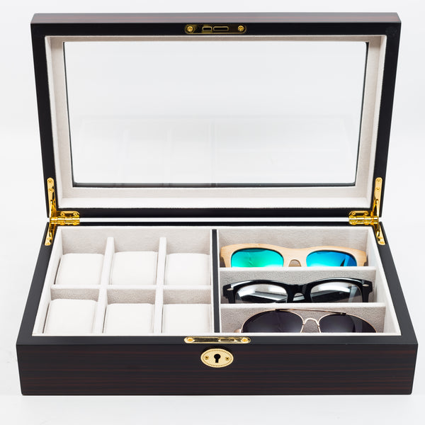 Personalized 6 Watch and 3 Eyeglass Ebony Walnut Wood Storage Display Case
