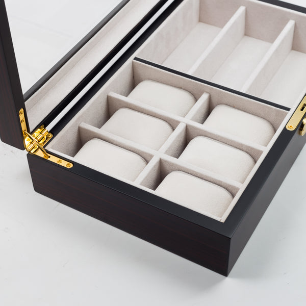 Personalized 6 Watch and 3 Eyeglass Ebony Walnut Wood Storage Display Case