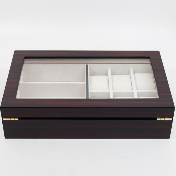 Personalized 6 Watch and 3 Eyeglass Ebony Walnut Wood Storage Display Case