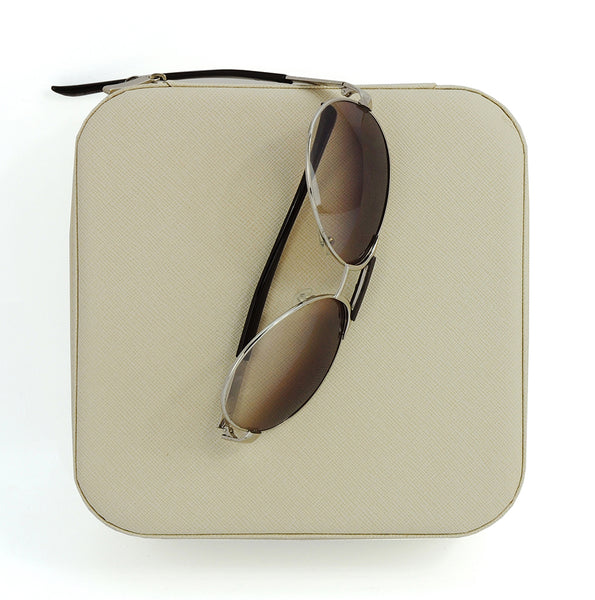 Beige Saffiano 3 Compartment Sunglass Travel Case & Jewelry Box