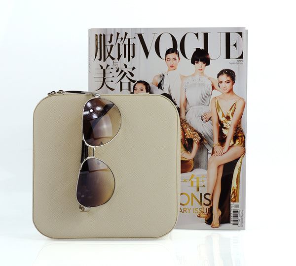 Beige Saffiano 3 Compartment Sunglass Travel Case & Jewelry Box