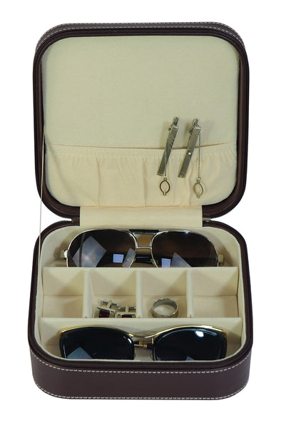 Brown 3 Compartment Sunglass Travel Case & Jewelry Box