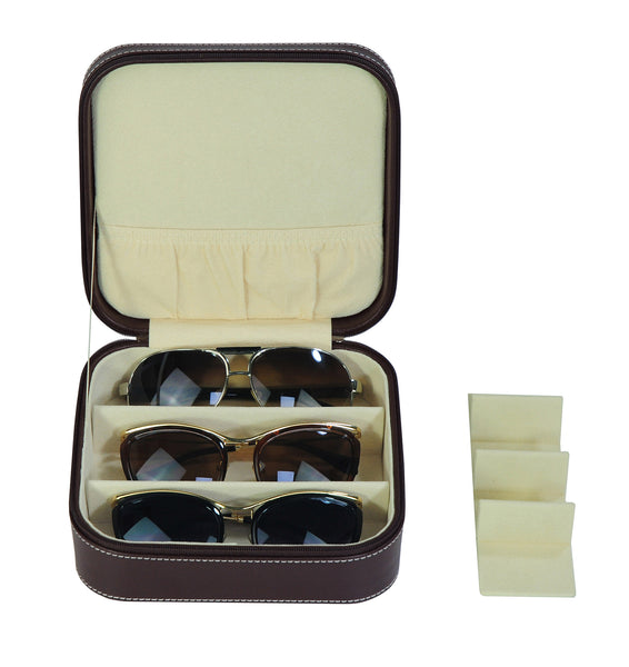 Brown 3 Compartment Sunglass Travel Case & Jewelry Box