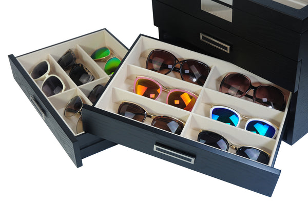 Personalized 24 Piece Large Black Wood Sunglass Display Case Drawer Storage Box