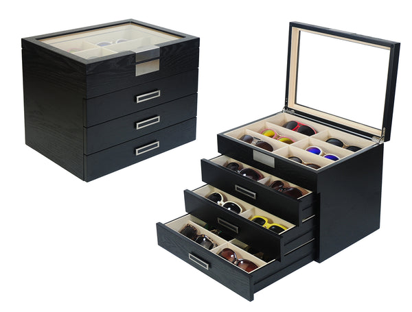 24 Piece Large Black Wood Eyeglass Four Level Glasses Display Case with Drawer