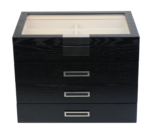 24 Piece Large Black Wood Eyeglass Four Level Glasses Display Case with Drawer