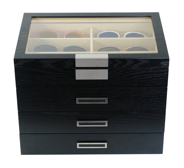 24 Piece Large Black Wood Eyeglass Four Level Glasses Display Case with Drawer