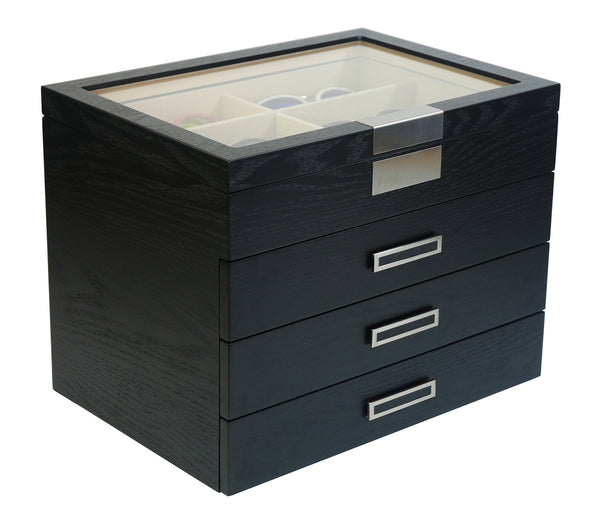 24 Piece Large Black Wood Eyeglass Four Level Glasses Display Case with Drawer