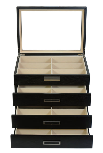 24 Piece Large Black Wood Eyeglass Four Level Glasses Display Case with Drawer
