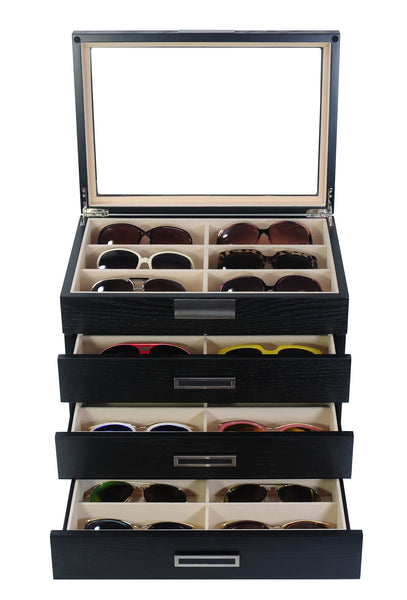24 Piece Large Black Wood Eyeglass Four Level Glasses Display Case with Drawer