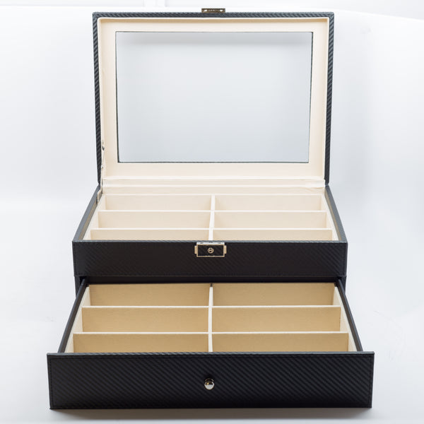 Personalized 12 Piece Large Black Carbon Fiber Sunglass Display Case Drawer Storage Box