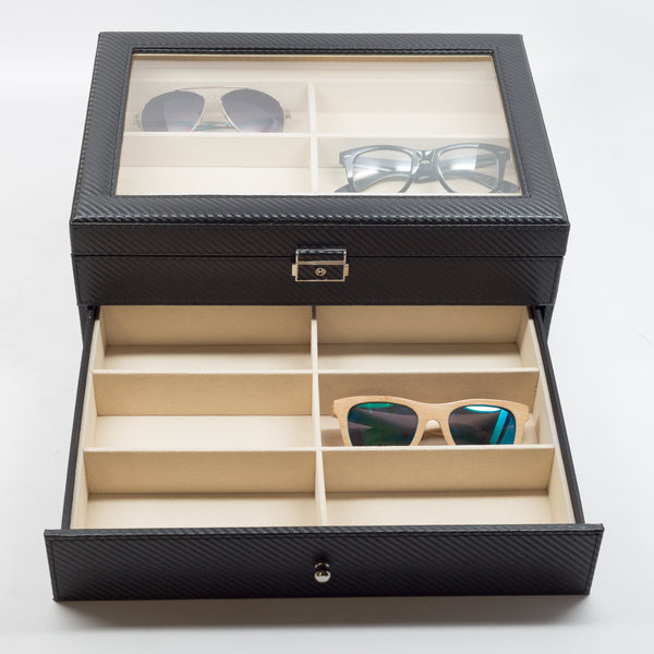 Personalized 12 Piece Large Black Carbon Fiber Sunglass Display Case Drawer Storage Box