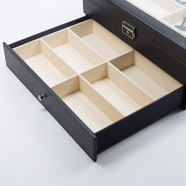 Personalized 12 Piece Large Black Carbon Fiber Sunglass Display Case Drawer Storage Box