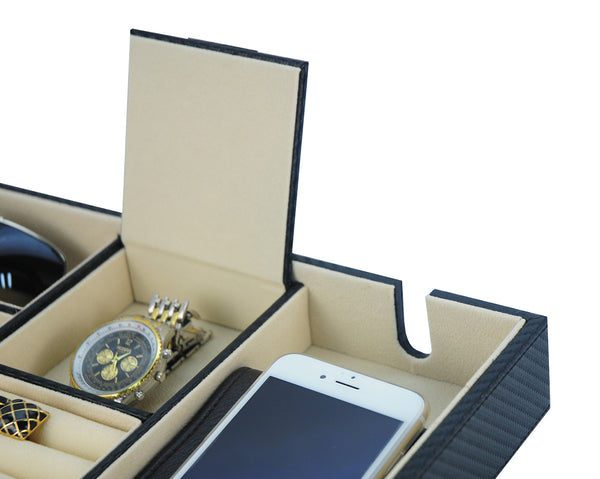 Personalized Black Carbon Valet Tray Glasses Case Phone Organizer Desk Dresser Drawer Coin Case Charging Station