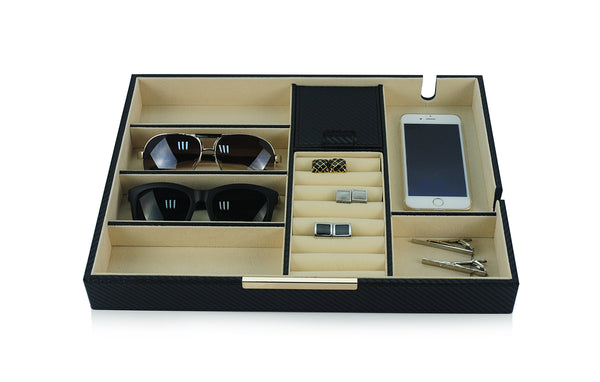 Personalized Black Carbon Valet Tray Glasses Case Phone Organizer Desk Dresser Drawer Coin Case Charging Station