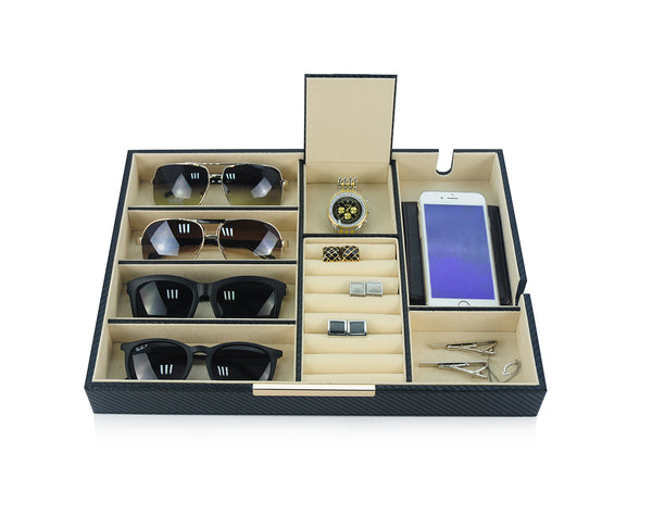 Personalized Black Carbon Valet Tray Glasses Case Phone Organizer Desk Dresser Drawer Coin Case Charging Station