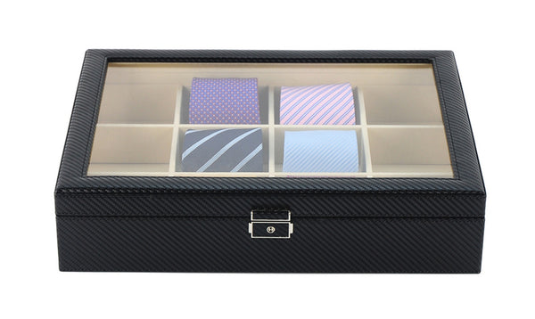 12 Slot Personalized Black Carbon Fiber Tie Display Case