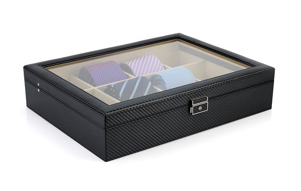 12 Slot Personalized Black Carbon Fiber Tie Display Case