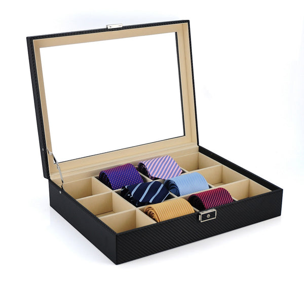 12 Slot Personalized Black Carbon Fiber Tie Display Case