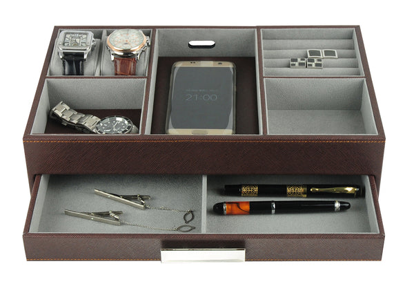 Brown Leatherette Charging Station Valet Tray Desk Dresser Drawer Coin Case for Keys, Phone, Jewelry, Watches