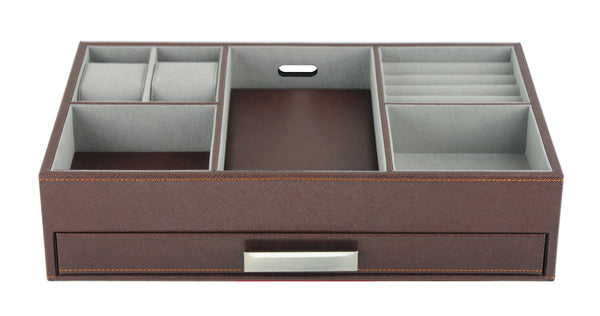 Brown Leatherette Charging Station Valet Tray Desk Dresser Drawer Coin Case for Keys, Phone, Jewelry, Watches
