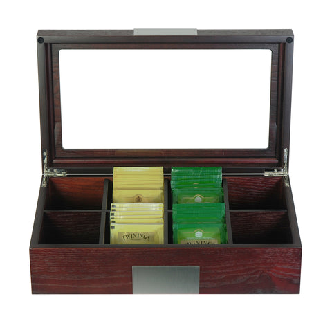 8 Compartment Cherry Wood Tea Box Storage Organizer Chest Box Gourmet Tea Coffee Glass Display Lid