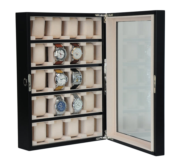 Personalized 20 Slot Black Wood Watch Display Wall Hanging Case and Storage Organizer Box and Stand for Oversized Watches