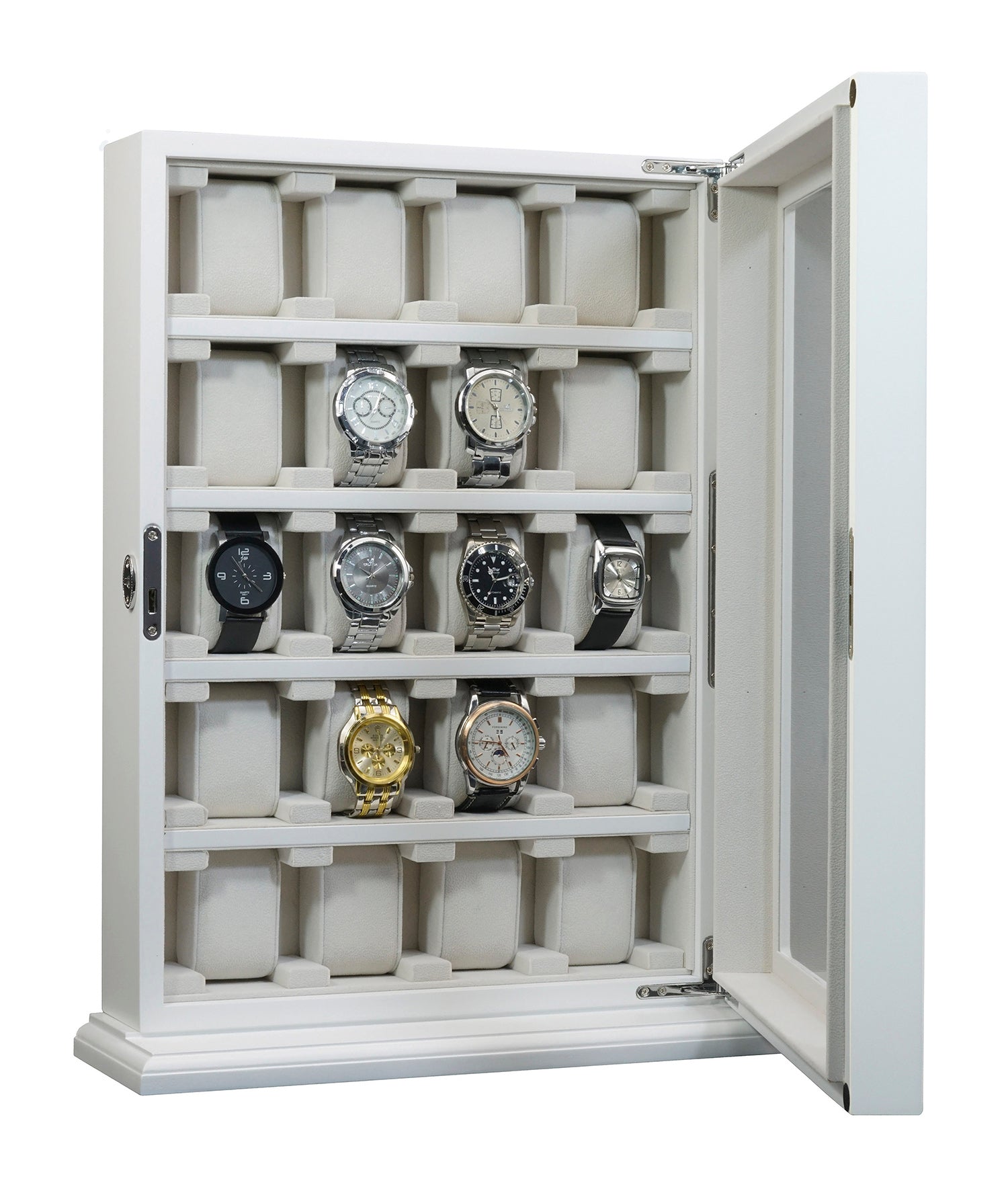 TIMELYBUYS 20 Piece White Wood Watch Display Wall Hanging Case and Storage Organizer Box and Stand for Oversized Watches