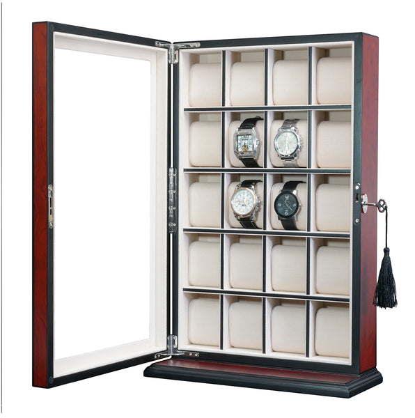 Personalized 20 Slot Cherry Wood Watch Display Wall Hanging Case and Storage Organizer Box and Stand for Oversized Watches