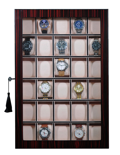 Personalized 30 Slot Ebony Wood Watch Display Wall Hanging Case and Storage Organizer Box and Stand for Oversized Watches
