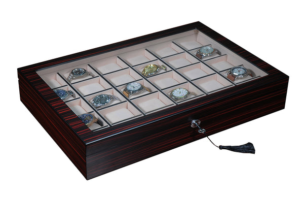 Personalized 30 Slot Ebony Wood Watch Display Wall Hanging Case and Storage Organizer Box and Stand for Oversized Watches