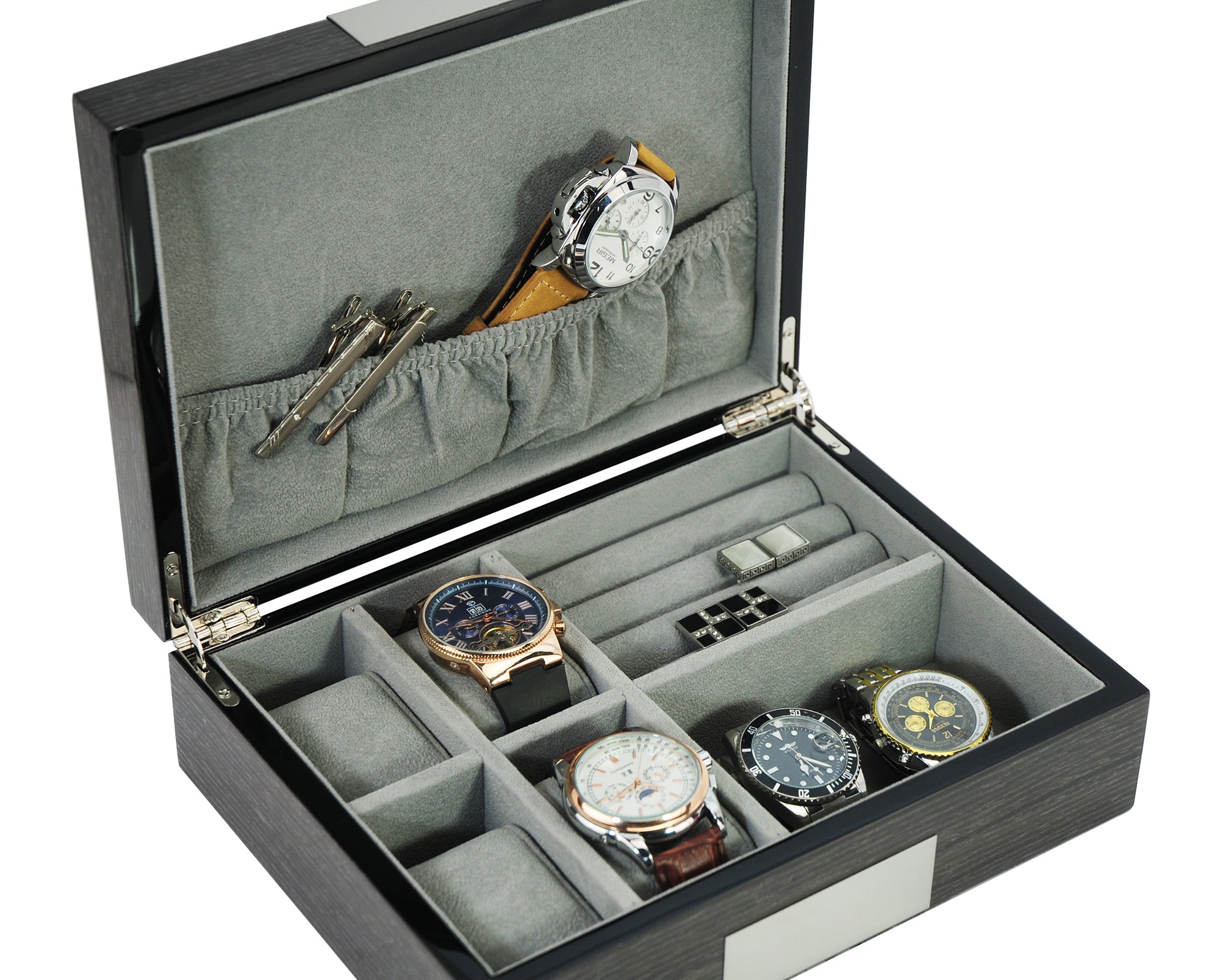 Personalized Grey Ginko Lacquered Wood Watch Cufflink Case & Ring Stor ...