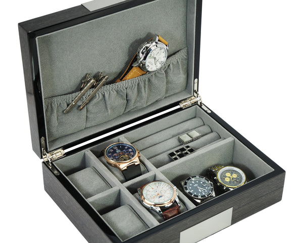 TIMELYBUYS Grey Ginko Lacquered Wood Watch Cufflink Case & Ring Storage Organizer Men's Jewelry Box, Gray