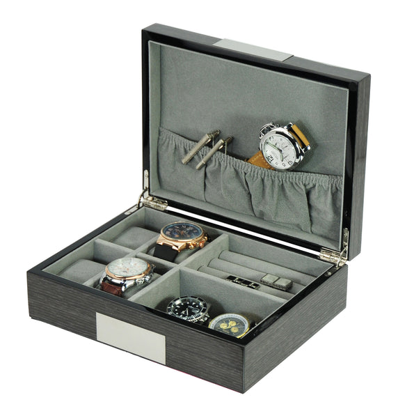 TIMELYBUYS Grey Ginko Lacquered Wood Watch Cufflink Case & Ring Storage Organizer Men's Jewelry Box, Gray