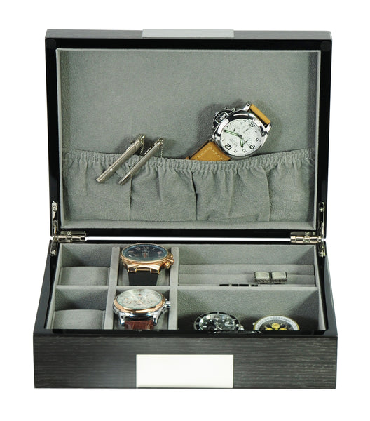 Personalized Grey Ginko Lacquered Wood Watch Cufflink Case & Ring Storage Organizer Men's Jewelry Box