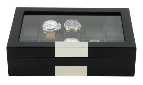 10 Piece Black Wood Watch Display Case Storage Organizer Box with Stainless Steel Accents