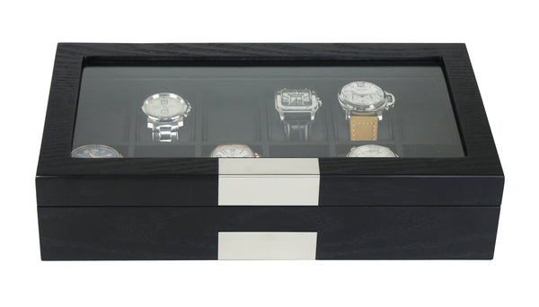 12 Piece Black Ebony Wood Watch Display Case and Storage Organizer Box with Stainless Steel Accents