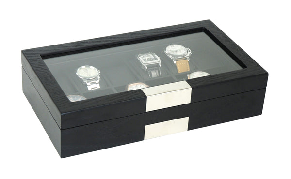 12 Piece Black Ebony Wood Watch Display Case and Storage Organizer Box with Stainless Steel Accents