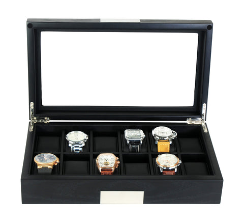 12 Piece Black Ebony Wood Watch Display Case and Storage Organizer Box with Stainless Steel Accents