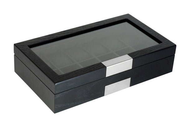 12 Piece Black Ebony Wood Watch Display Case and Storage Organizer Box with Stainless Steel Accents