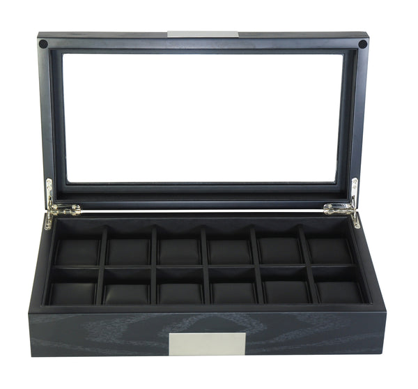 12 Piece Black Ebony Wood Watch Display Case and Storage Organizer Box with Stainless Steel Accents