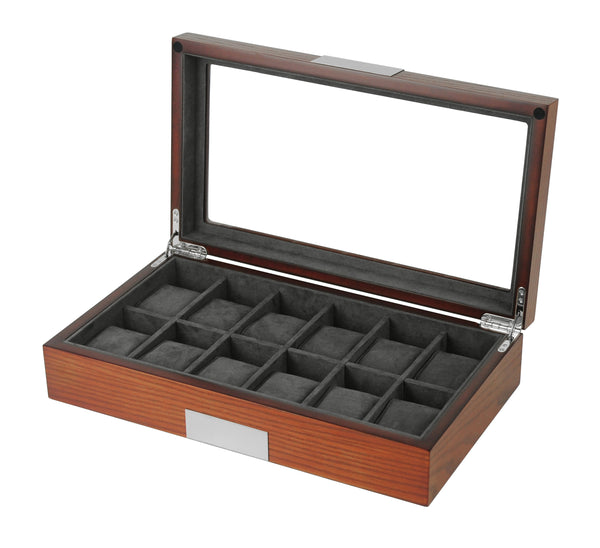 12 Piece Cherry Wood Watch Display Case and Storage Organizer Box with Stainless Steel Accents