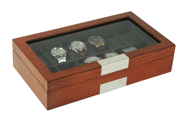 12 Piece Cherry Wood Watch Display Case and Storage Organizer Box with Stainless Steel Accents