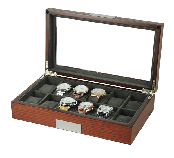 12 Piece Cherry Wood Watch Display Case and Storage Organizer Box with Stainless Steel Accents