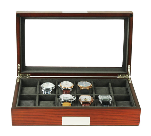 12 Piece Cherry Wood Watch Display Case and Storage Organizer Box with Stainless Steel Accents