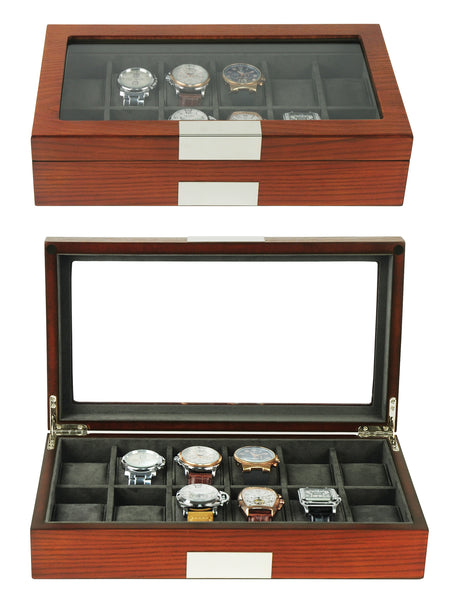 12 Piece Cherry Wood Watch Display Case and Storage Organizer Box with Stainless Steel Accents