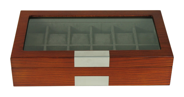 12 Piece Cherry Wood Watch Display Case and Storage Organizer Box with Stainless Steel Accents