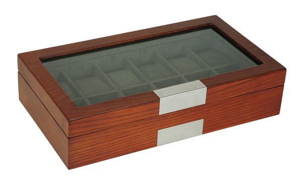 12 Piece Cherry Wood Watch Display Case and Storage Organizer Box with Stainless Steel Accents