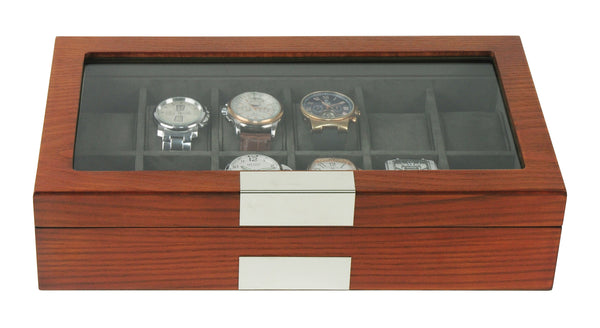 12 Piece Cherry Wood Watch Display Case and Storage Organizer Box with Stainless Steel Accents
