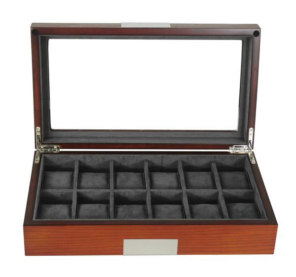 12 Piece Cherry Wood Watch Display Case and Storage Organizer Box with Stainless Steel Accents